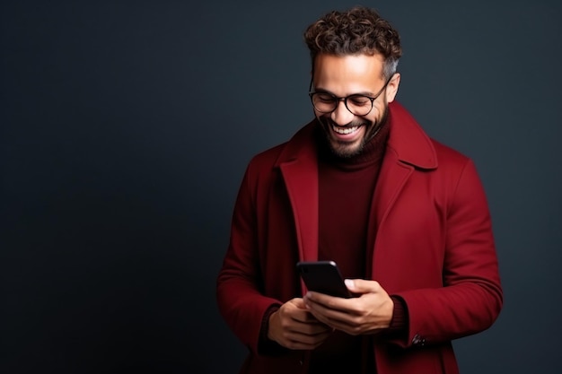 Hombre feliz con teléfono en el fondo del estudio de Borgoña