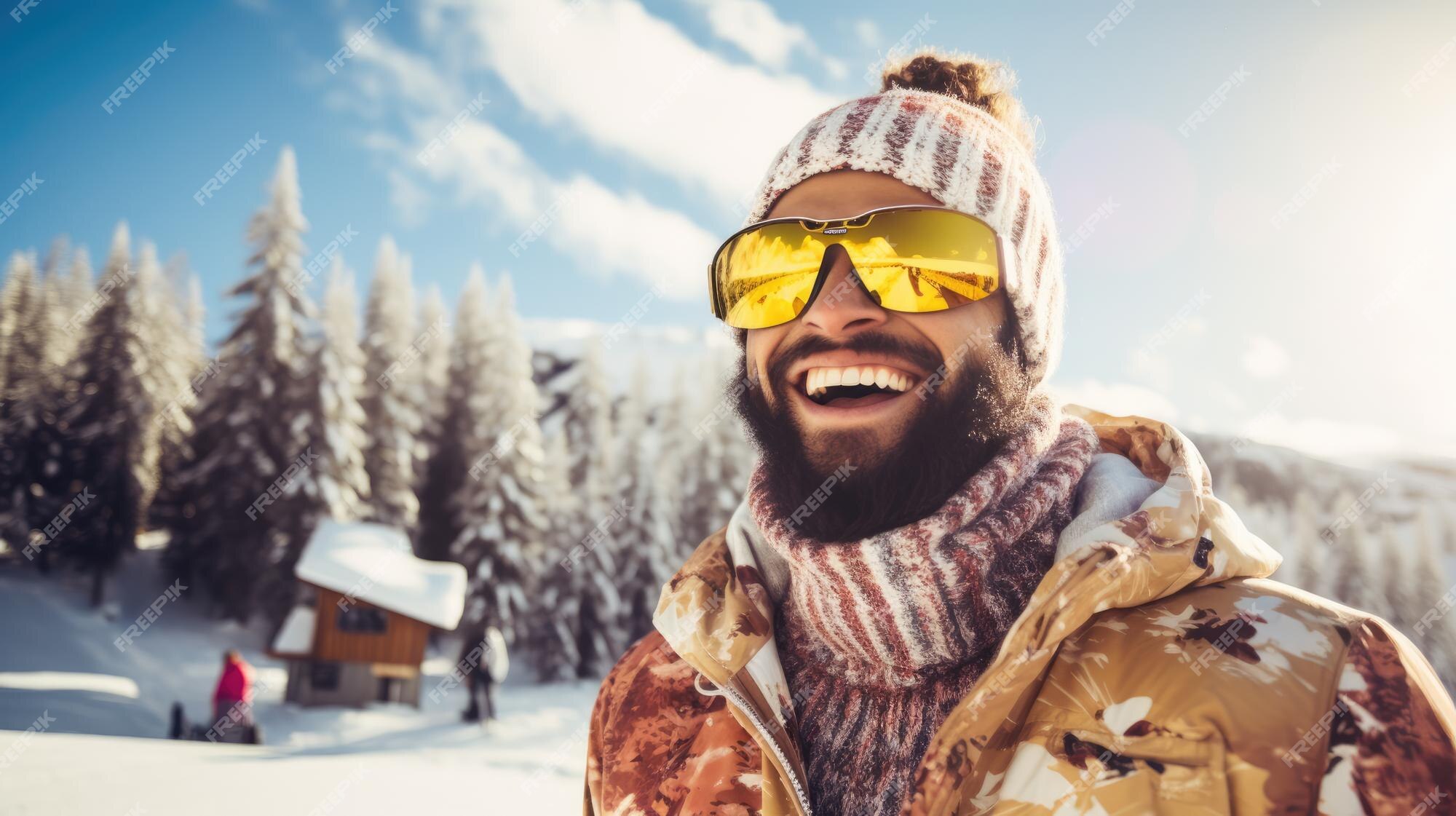 Hombre usando gafas de esquí durante las vacaciones en invierno