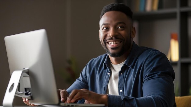 Hombre feliz usando una computadora portátil