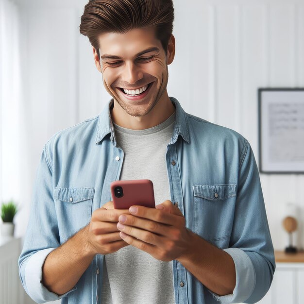 hombre feliz usando un teléfono móvil aislado en fondo blanco