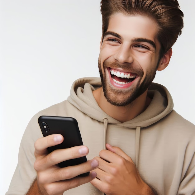 Foto hombre feliz usando un teléfono móvil aislado en fondo blanco