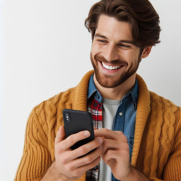 hombre feliz usando un teléfono móvil aislado en fondo blanco