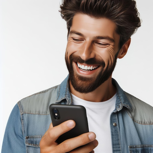 hombre feliz usando un teléfono móvil aislado en fondo blanco