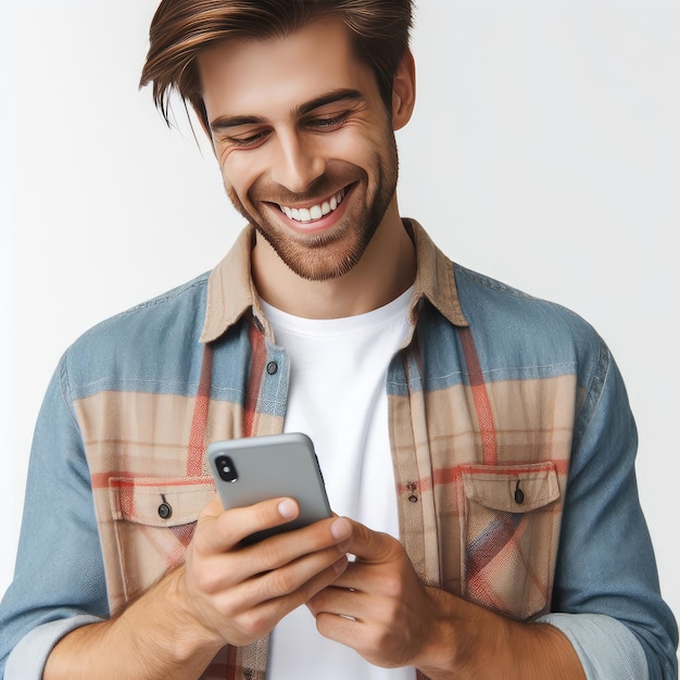 Foto hombre feliz usando un teléfono móvil aislado en fondo blanco