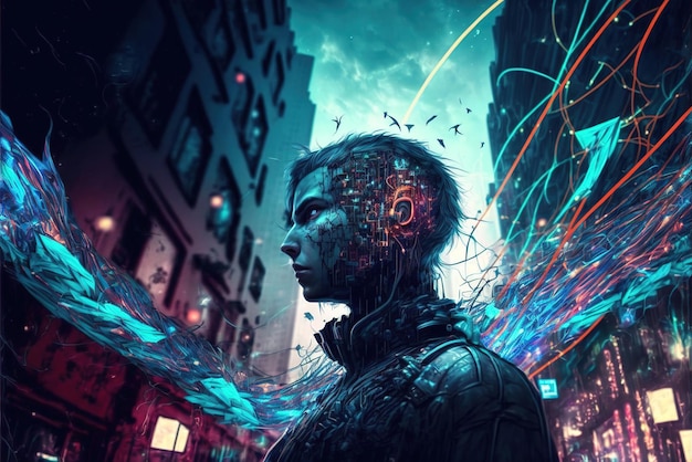 Hombre ficticio de ciudad cibernética metaverso en IA generativa de realidad virtual futurista