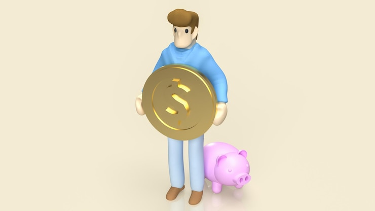 Foto el hombre de la figura sostiene una moneda de oro y una alcancía para ahorrar o representar el concepto de negocio en 3d