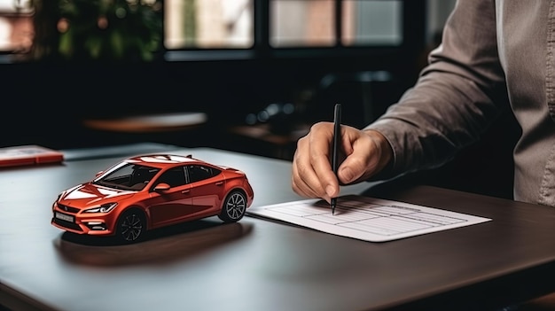 El hombre firma un contrato para un coche de arrendamiento.