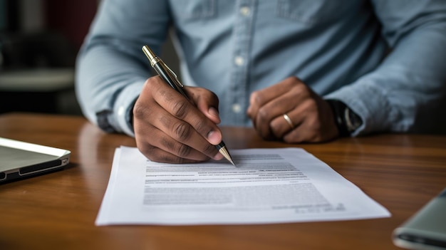 Foto hombre firmando contrato creado con tecnología de ia generativa