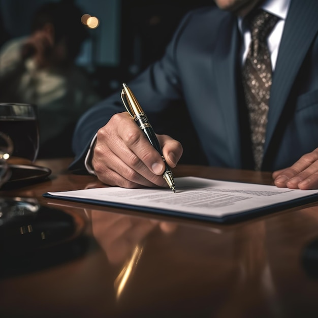 Un hombre firmando un documento con una pluma