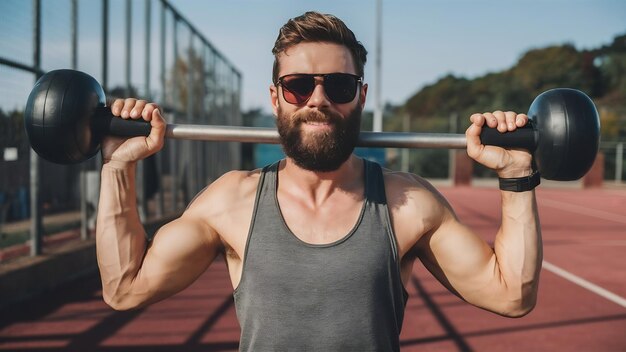 Hombre de fitness barbudo y satisfecho con gafas de sol sosteniendo equipo deportivo