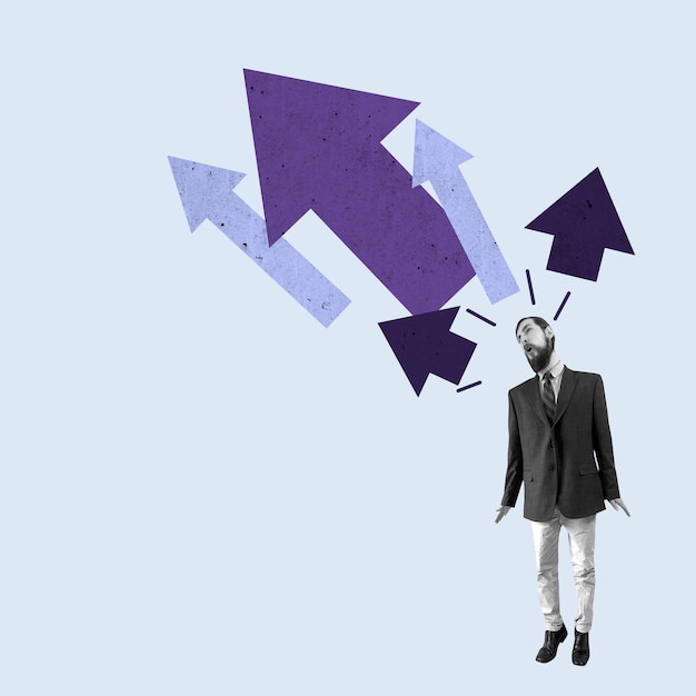 Hombre con flechas Gente de negocios Trabajo Concepto Diseño creativo Arte de collage moderno