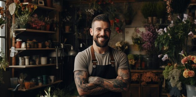 hombre florista con tatuaje de pie en su tienda