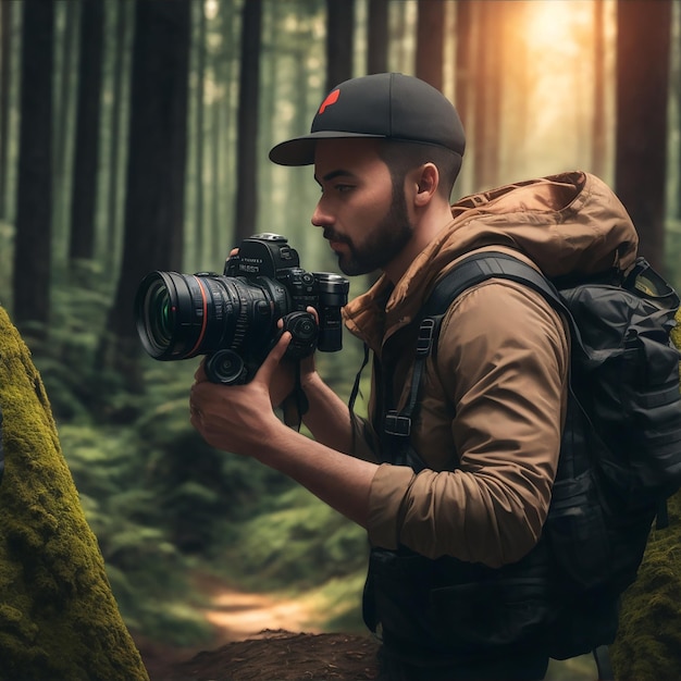 Un hombre con fondo de bosque dslr día mundial de la fotografía