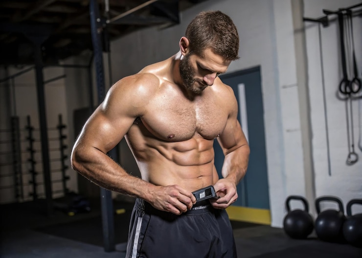 Hombre en forma comprobando sus medidas corporales después de un intenso entrenamiento en el gimnasio
