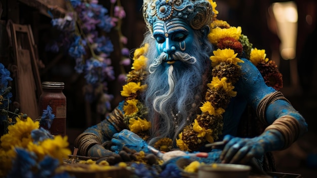 Foto hombre en forma de el dios azul elefante ganesha