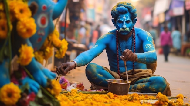 Foto hombre en forma de el dios azul elefante ganesha