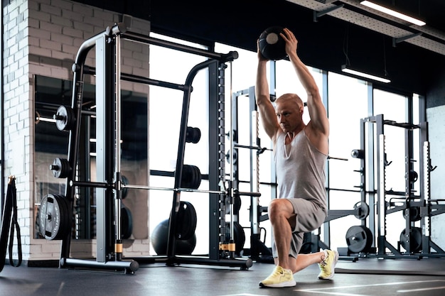 Hombre en forma y musculoso haciendo ejercicio con una pelota de medicina en el gimnasio