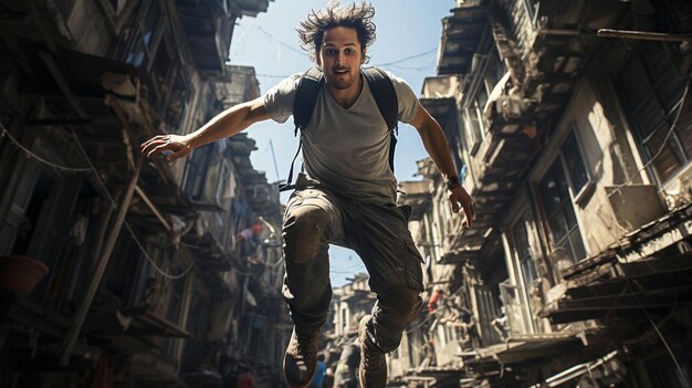 Foto hombre freerunnig salta entre dos edificios