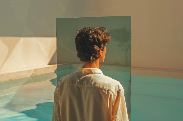 hombre frente al espejo que refleja su espalda concepto surrealista de Magritte