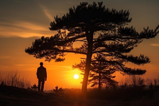 Un hombre se para frente a un árbol al atardecer.