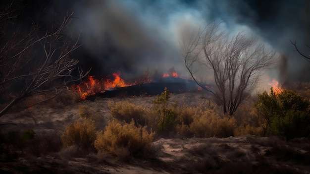 Un hombre se para frente a un bosque en llamas con un incendio de fondo.