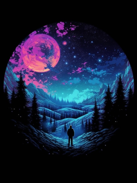 Un hombre se para frente a un bosque y se ve la luna.
