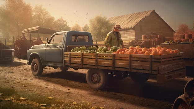 Un hombre se para frente a un camión lleno de tomates.