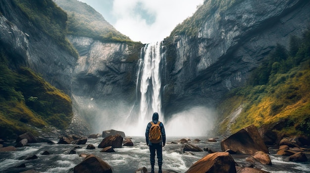 Foto un hombre se para frente a una cascada en islandia