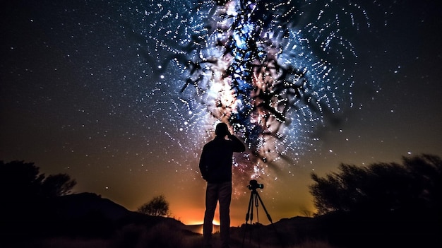 Un hombre se para frente a un cielo estrellado y mira un espectáculo de fuegos artificiales.