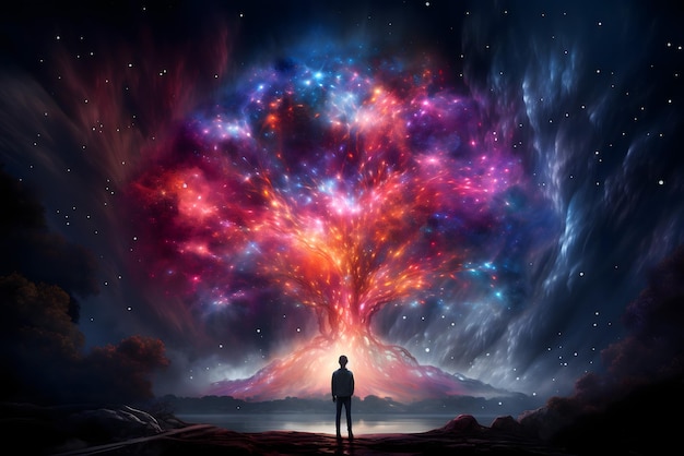 Un hombre se para frente a un cielo lleno de estrellas con estrellas y galaxias en el fondo.