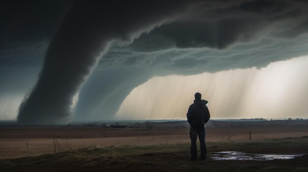 Un hombre se para frente a un cielo oscuro y tormentoso.