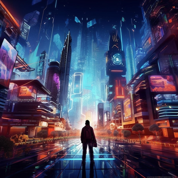 Un hombre se para frente a una ciudad futurista del mundo Metaverse