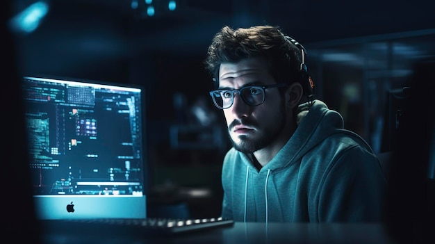 un hombre frente a una computadora con un monitor que muestra a un hombre con gafas mirando la pantalla