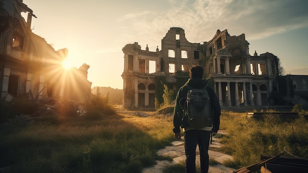 Un hombre se para frente a un edificio en ruinas con el sol poniéndose detrás de él.