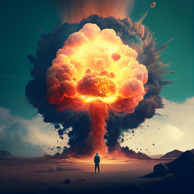 Un hombre se para frente a una enorme explosión que dice "fuego".