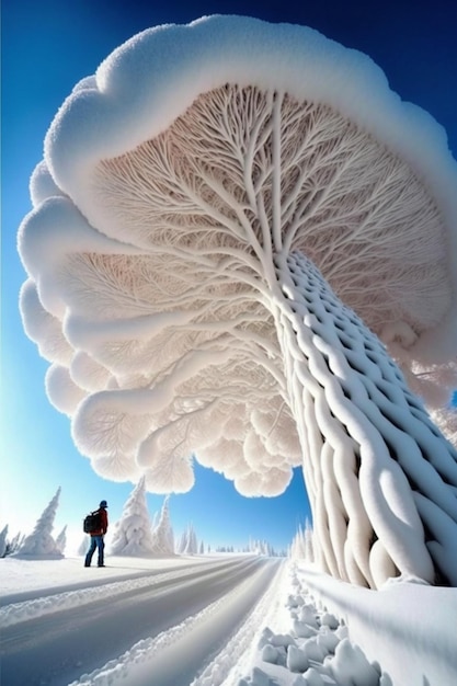 Un hombre se para frente a un enorme hongo cubierto de nieve.