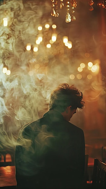 un hombre frente a un fondo iluminado con un efecto de humo