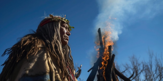 Un hombre se para frente a un fuego con un cielo azul de fondo.