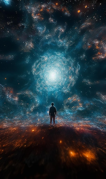 Foto un hombre se para frente a una galaxia azul y naranja.