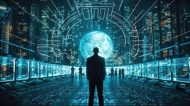 Un hombre se para frente a una gran esfera con las palabras 'cyberpunk'.