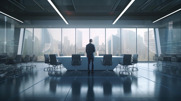 Un hombre se para frente a una gran mesa de conferencias en una sala de conferencias con un paisaje urbano de fondo.