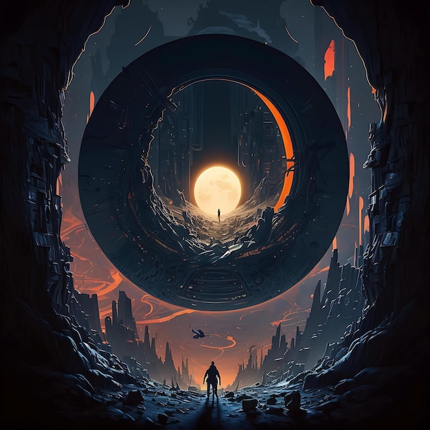 Un hombre se para frente a un gran planeta con un gran círculo en el centro.