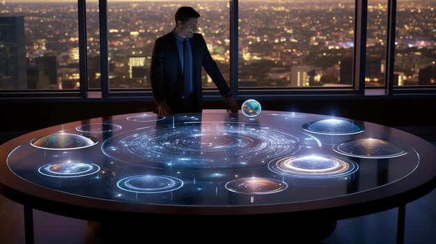 Un hombre se para frente a una mesa con una gran pantalla del planeta tierra.