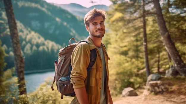 Un hombre se para frente a una montaña y mira a la cámara.