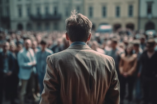 Un hombre se para frente a una multitud de personas.