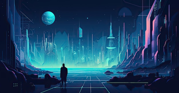 Un hombre se para frente a un paisaje de ciudad de ciencia ficción futurista con un planeta en el fondo