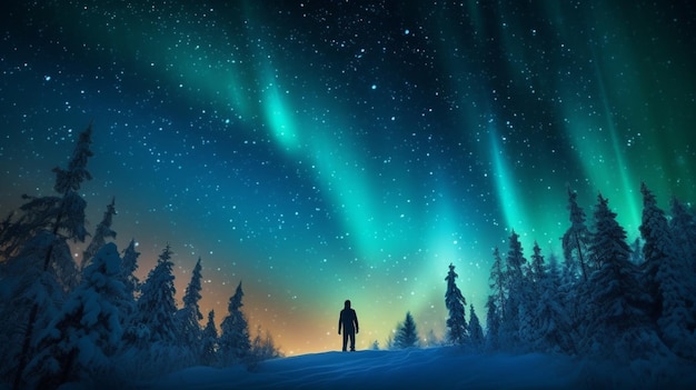 Un hombre se para frente a un paisaje nevado con la aurora boreal sobre él.
