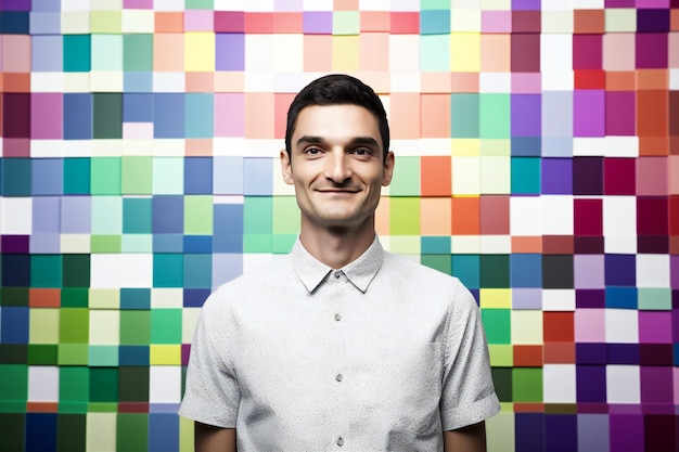 Un hombre se para frente a una pared colorida que tiene un fondo colorido.