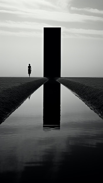 Foto un hombre se para frente a un pilar que está en el agua.