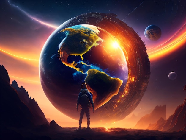 Un hombre se para frente a un planeta digital futurista con el planeta tierra al fondo